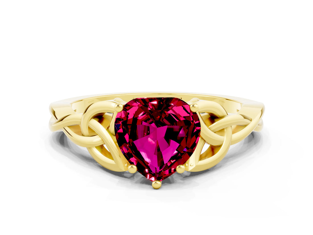 Yellow gold Heart Cut Garnet Solitaire Celtic Knot Ring with Four-Prong Setting_12