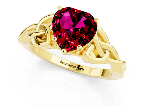 Yellow gold Heart Cut Garnet Solitaire Celtic Knot Ring with Four-Prong Setting_13