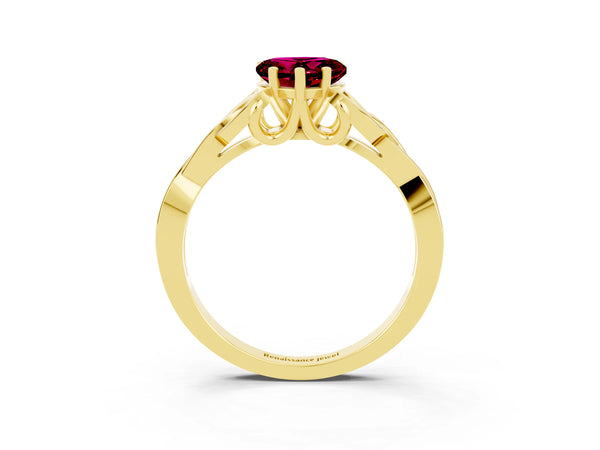 Yellow gold Heart Cut Garnet Solitaire Celtic Knot Ring with Four-Prong Setting