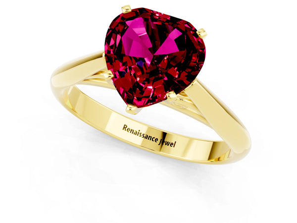 Yellow gold Heart Cut Garnet Solitaire Engagement Ring with Cathedral Setting and Four-Prong Mount