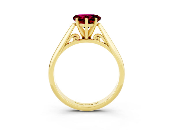 Yellow gold Heart Cut Garnet Solitaire Engagement Ring with Cathedral Setting and Four-Prong Mount