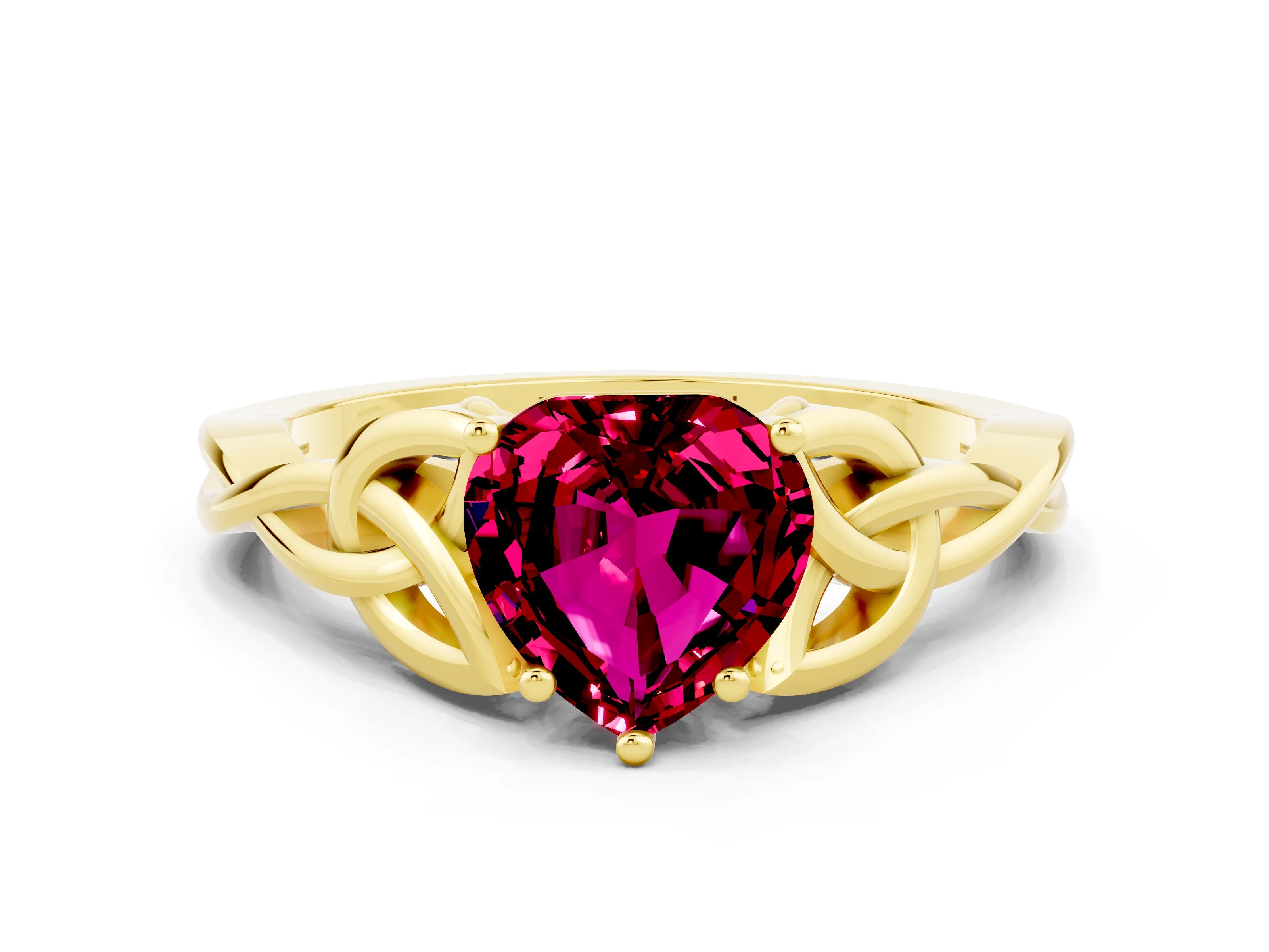 Yellow gold Heart Cut Garnet Solitaire Engagement Ring with Celtic Knot Band and Four-Prong Setting