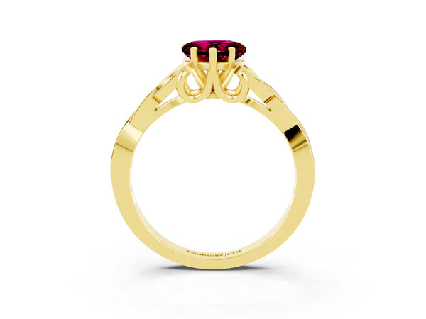 Yellow gold Heart Cut Garnet Solitaire Engagement Ring with Celtic Knot Band and Four-Prong Setting