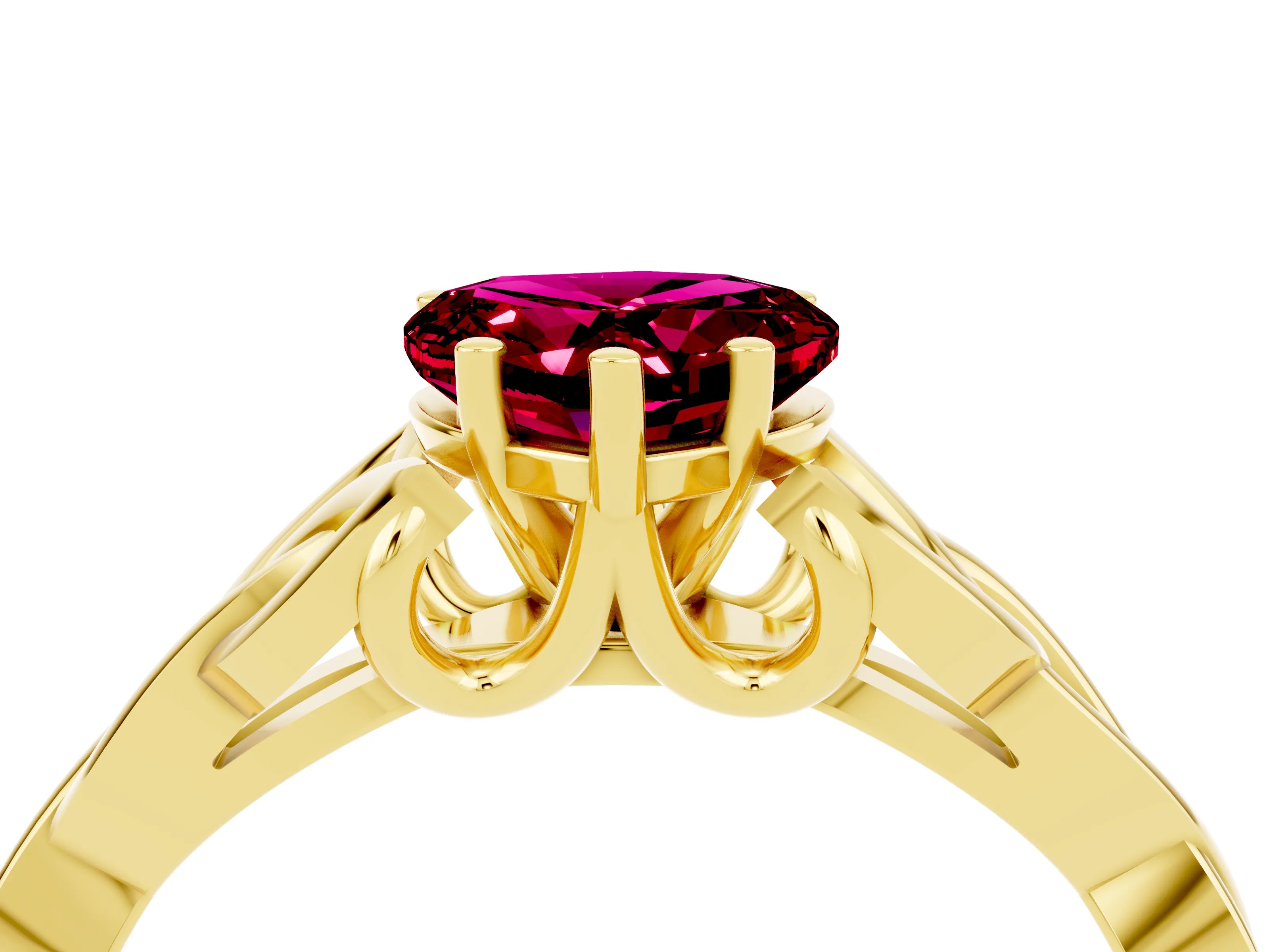 Yellow gold Heart Cut Garnet Solitaire Engagement Ring with Celtic Knot Band and Four-Prong Setting_4