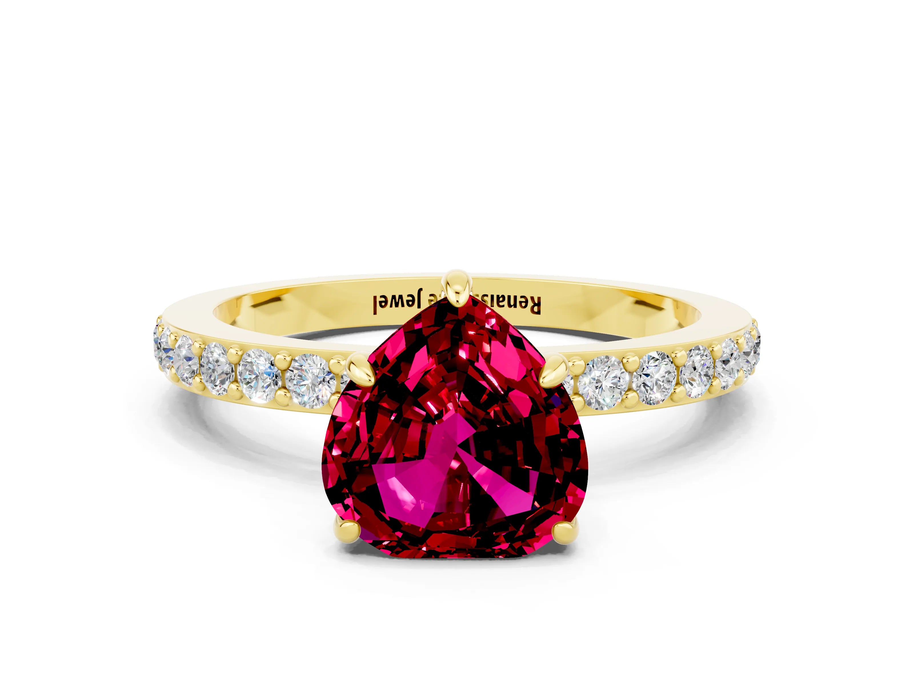 Yellow gold Heart Cut Garnet Solitaire Engagement Ring with Pavé Band and Four-Prong Setting