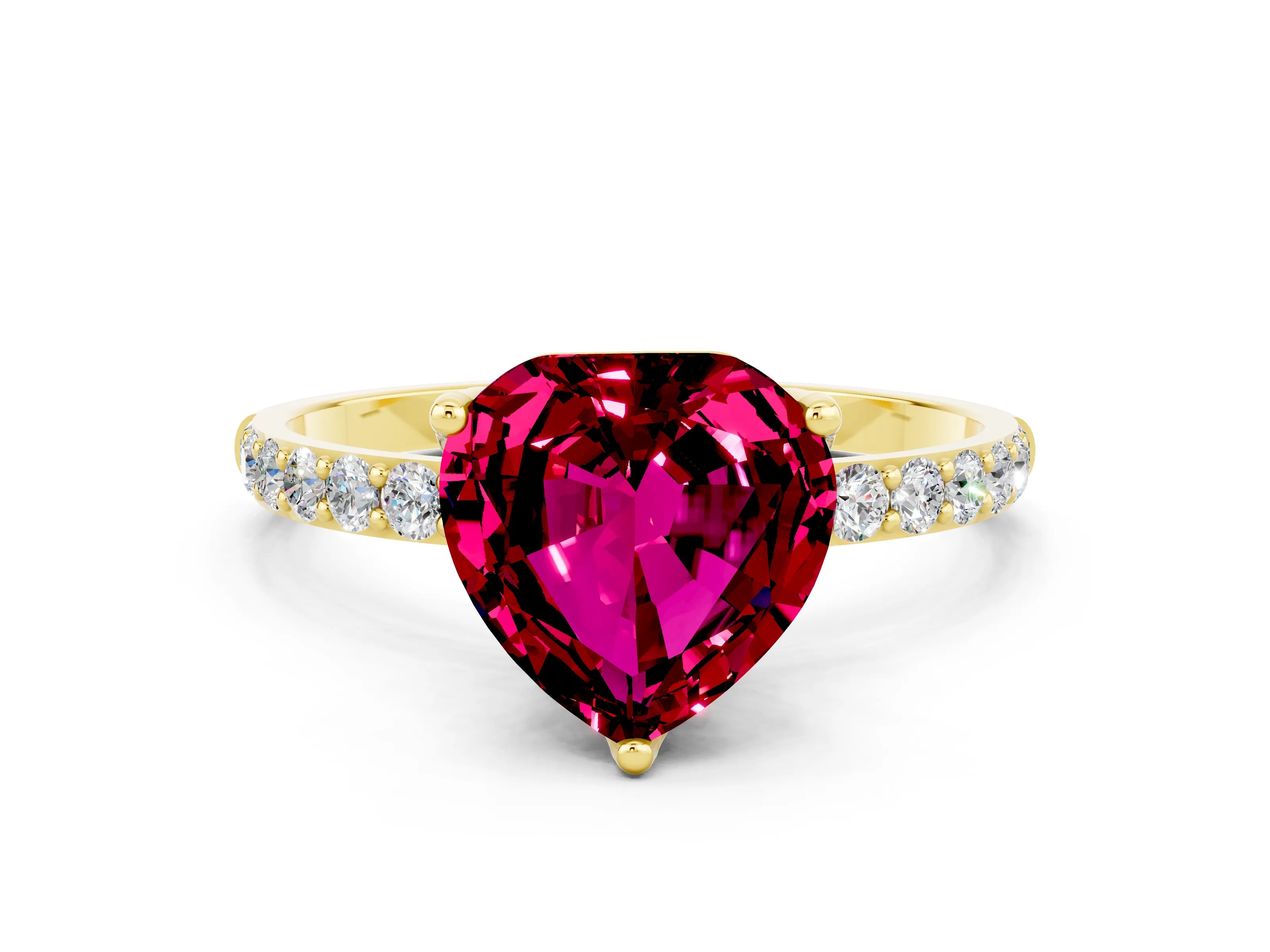 Yellow gold Heart Cut Garnet Solitaire Engagement Ring with Pavé Band and Prong Setting