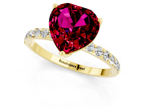 Yellow gold Heart Cut Garnet Solitaire Engagement Ring with Pavé Band and Prong Setting_1