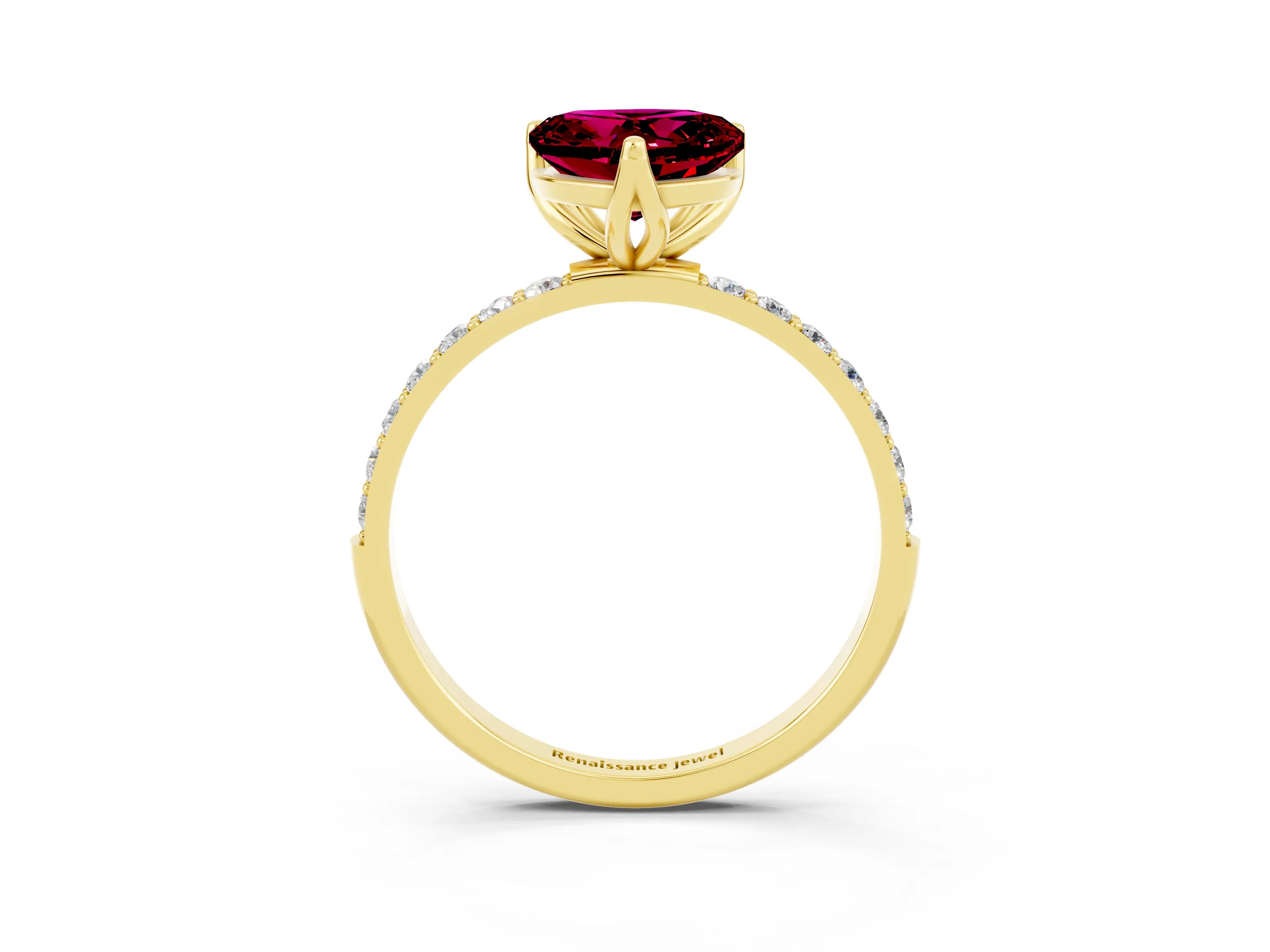 Yellow gold Heart Cut Garnet Solitaire Engagement Ring with Pavé Band and Prong Setting_3