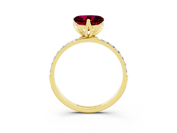 Yellow gold Heart Cut Garnet Solitaire Engagement Ring with Round  Pavé Band and Prong Setting