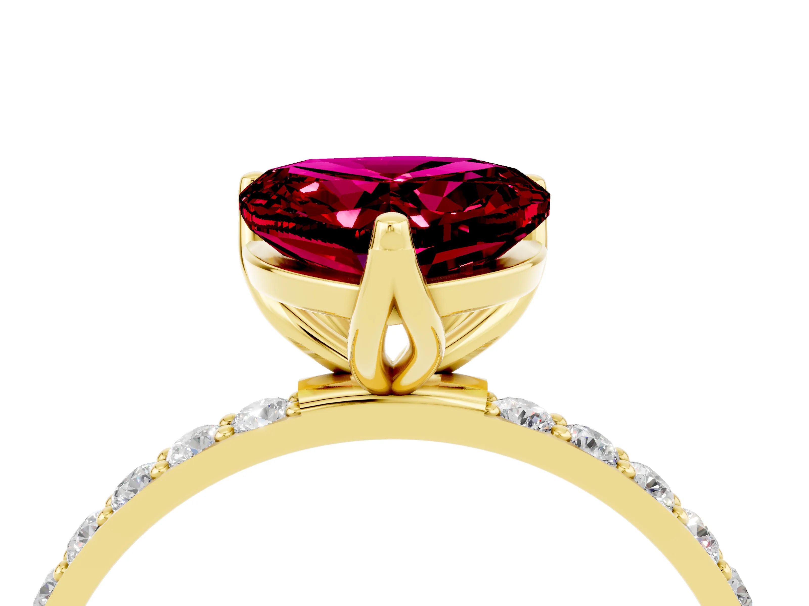 Yellow gold Heart Cut Garnet Solitaire Engagement Ring with Pavé Band and Prong Setting_4