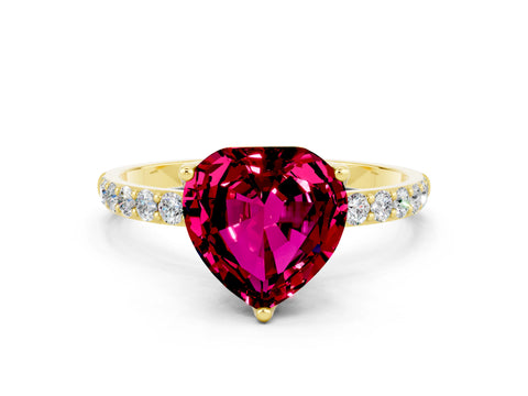 Yellow gold Heart Cut Garnet Solitaire Engagement Ring with Pavé Band and Prong Setting