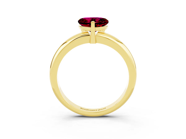 Yellow gold Heart Cut Garnet Solitaire Engagement Ring with Round Band and Four-Prong Setting