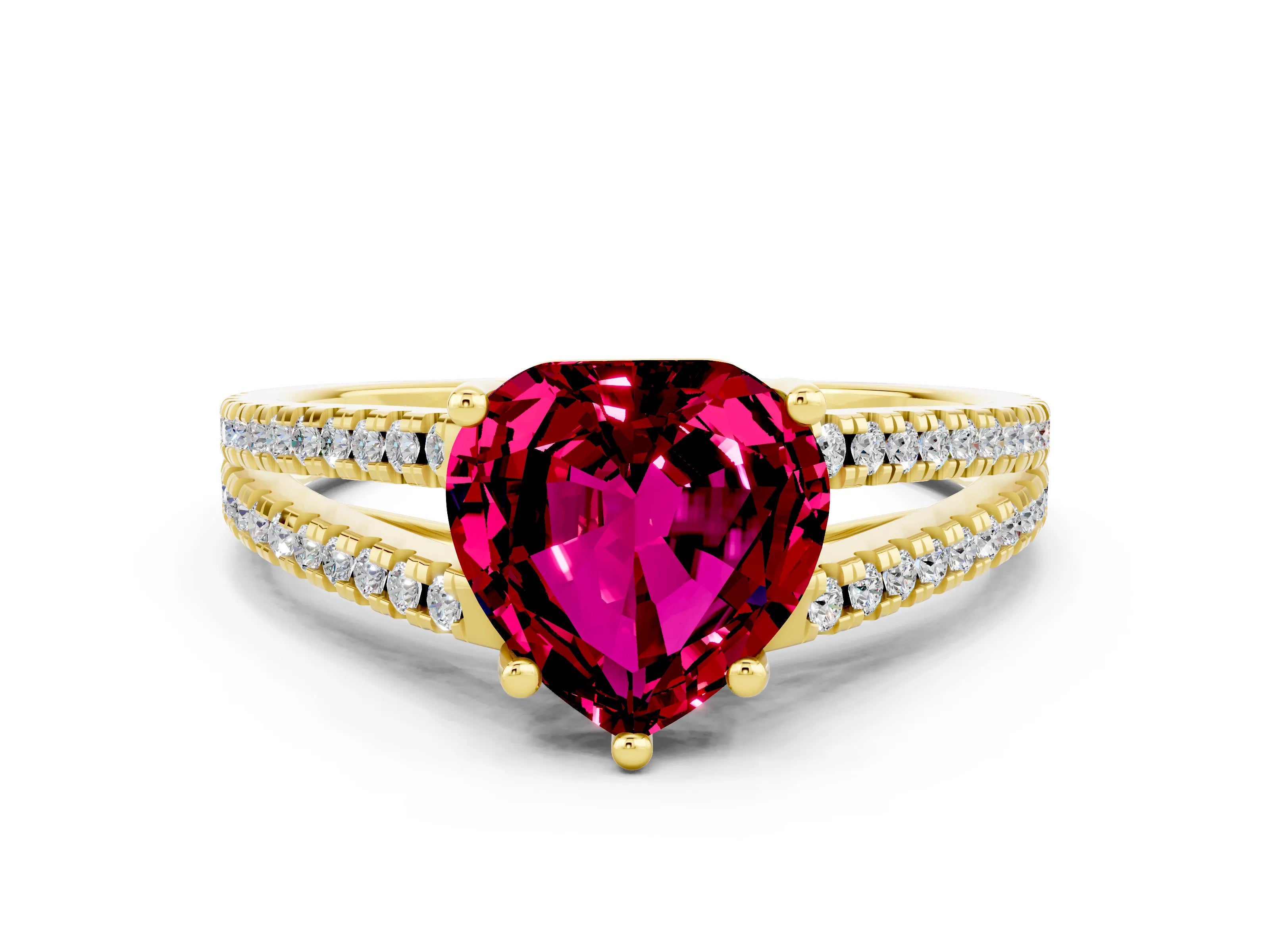 Yellow gold Heart Cut Garnet Solitaire Engagement Ring with Split Shank Pavé Band