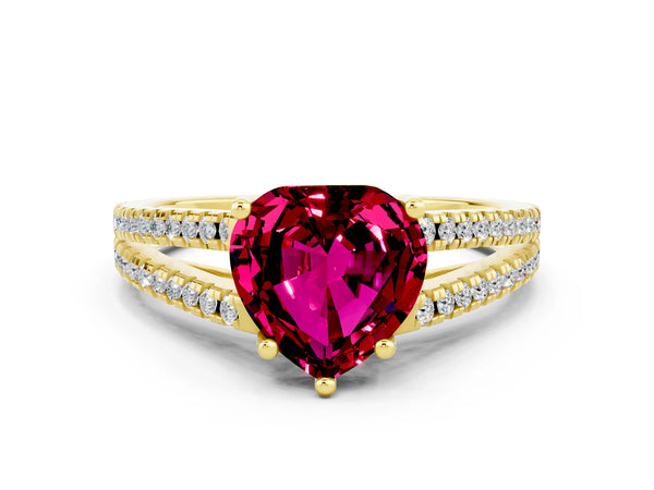 Yellow gold Heart Cut Garnet Solitaire Engagement Ring with Split Shank Pavé Band