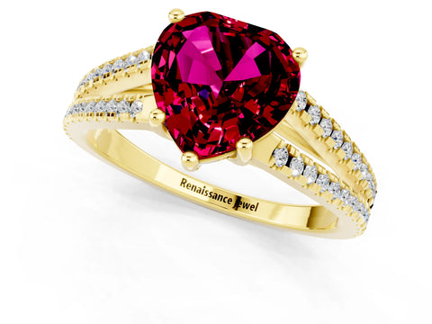 Yellow gold Heart Cut Garnet Solitaire Engagement Ring with Split Shank Pavé Band_1