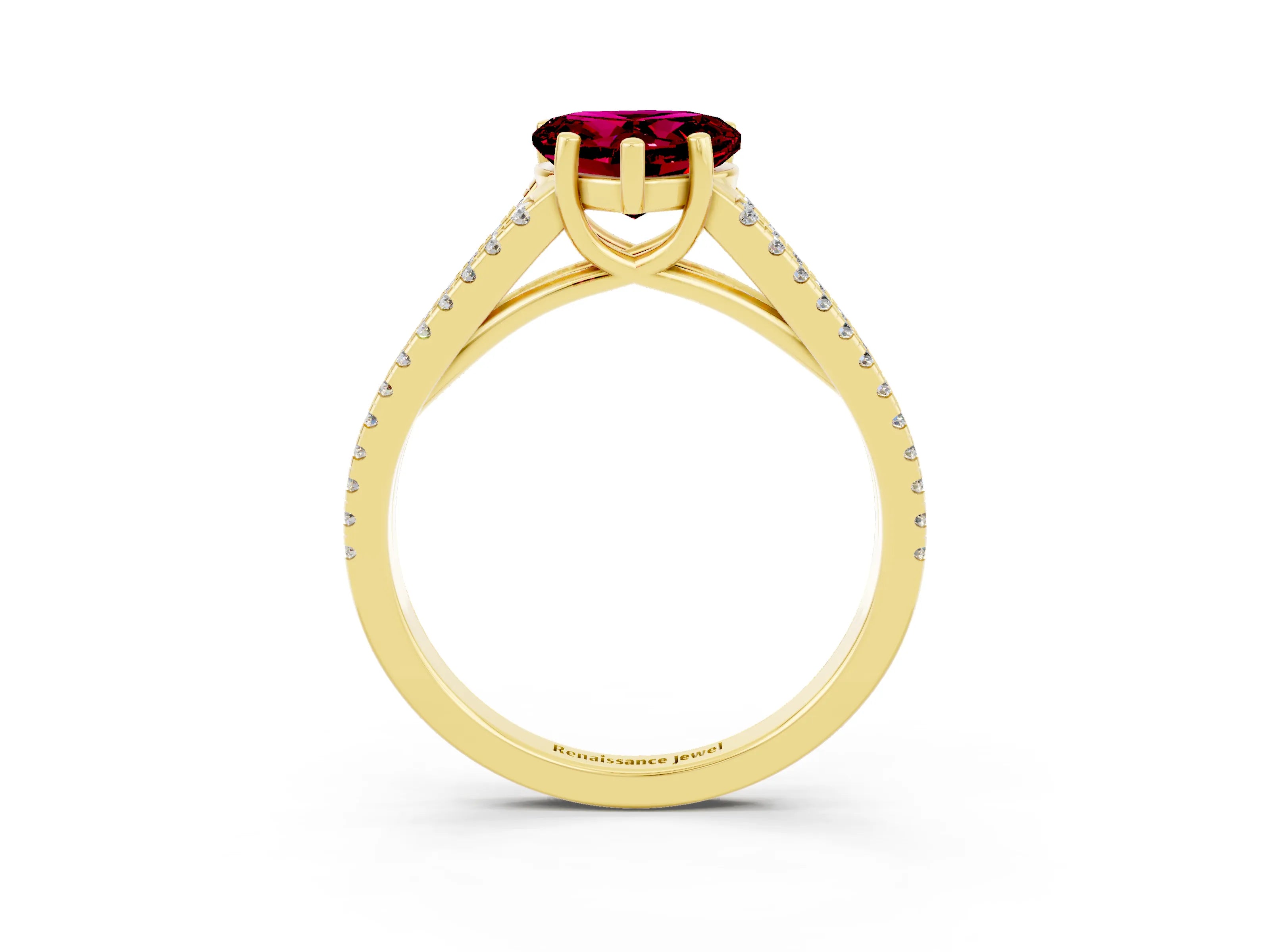 Yellow gold Heart Cut Garnet Solitaire Engagement Ring with Split Shank Pavé Band_3