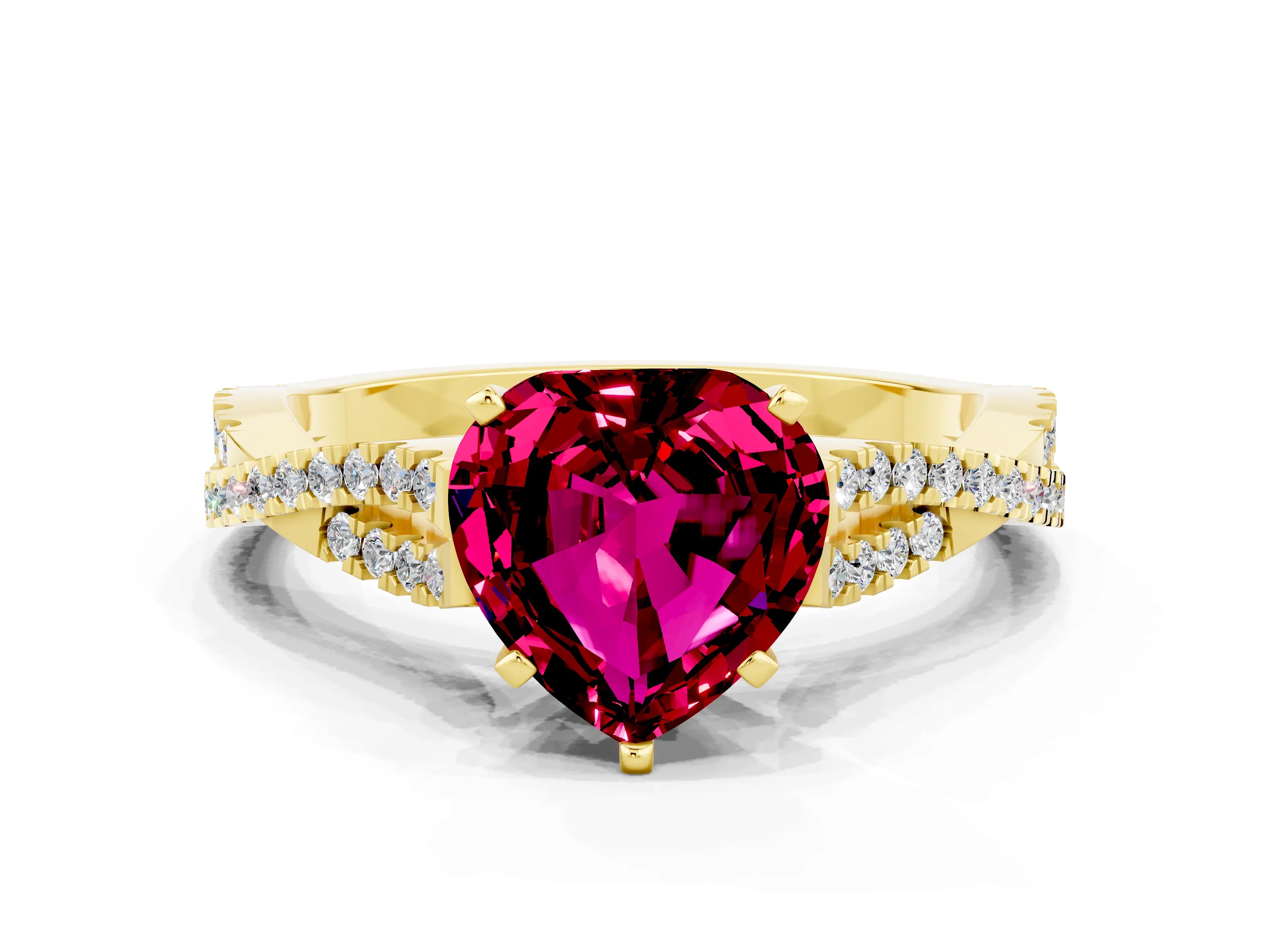 Yellow gold Heart Cut Garnet Solitaire Engagement Ring with Twisted Pavé Band and Four-Prong Setting_12