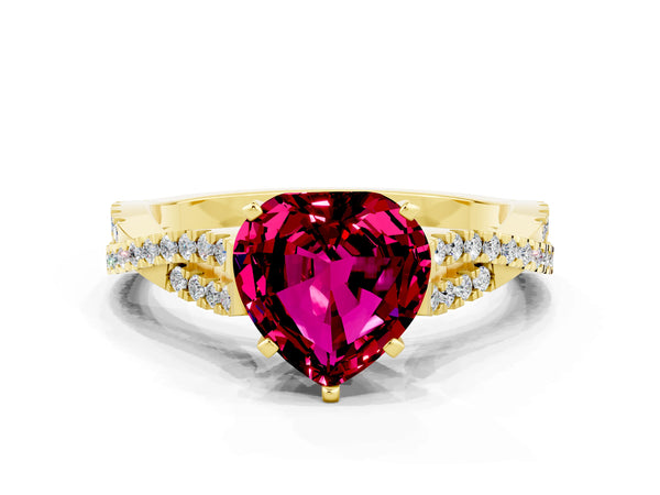 Yellow gold Heart Cut Garnet Solitaire Engagement Ring with Twisted Pavé Band and Four-Prong Setting