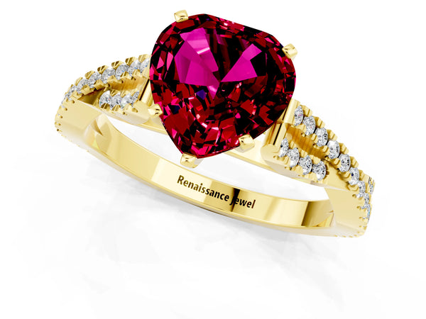 Yellow gold Heart Cut Garnet Solitaire Engagement Ring with Twisted Pavé Band and Four-Prong Setting