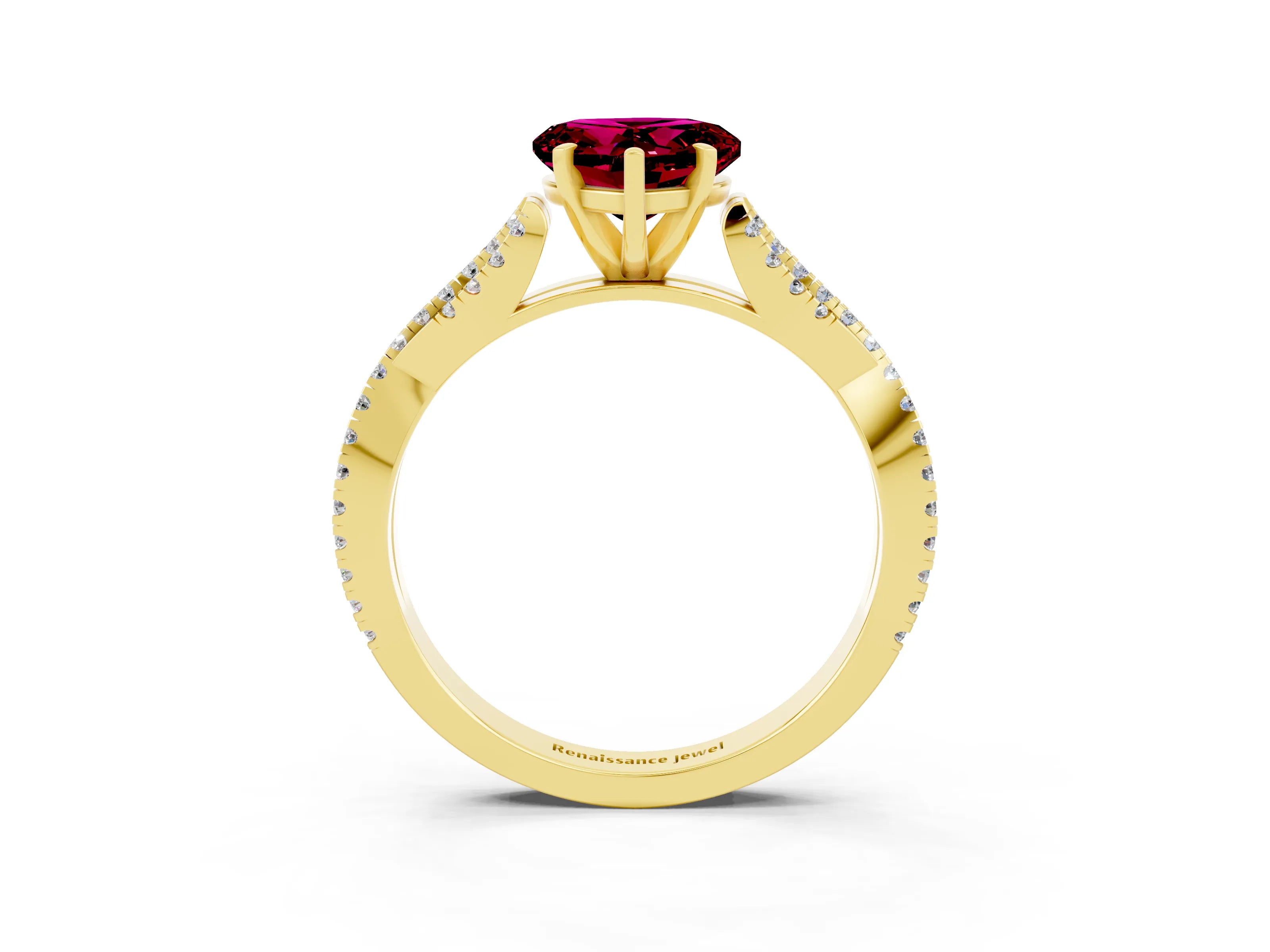 Yellow gold Heart Cut Garnet Solitaire Engagement Ring with Twisted Pavé Band and Four-Prong Setting_15