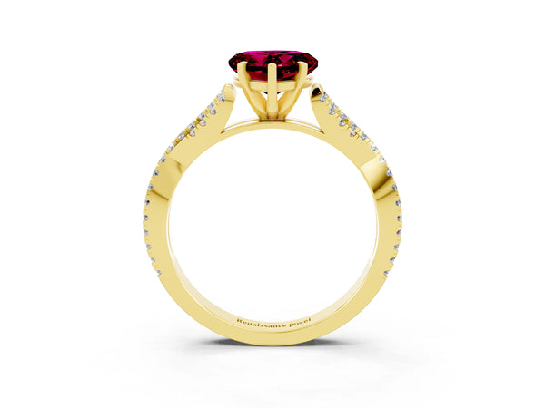Yellow gold Heart Cut Garnet Solitaire Engagement Ring with Twisted Pavé Band and Four-Prong Setting