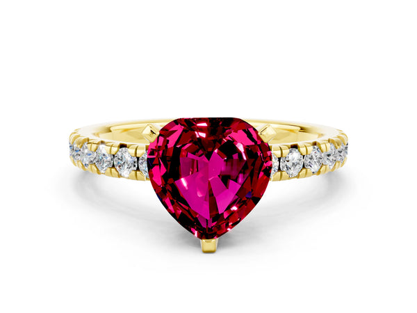 Yellow gold Heart Cut Garnet Solitaire Pavé Engagement Ring with Round Band and Prong Setting