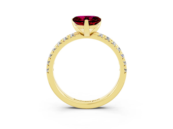 Yellow gold Heart Cut Garnet Solitaire Pavé Engagement Ring with Round Band and Prong Setting
