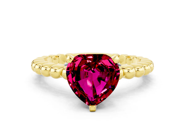 Yellow gold Heart Cut Garnet Solitaire Ring with Beaded Band and Prong Setting
