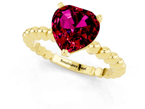 Yellow gold Heart Cut Garnet Solitaire Ring with Beaded Band and Prong Setting_1