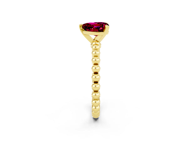 Yellow gold Heart Cut Garnet Solitaire Ring with Beaded Band and Prong Setting