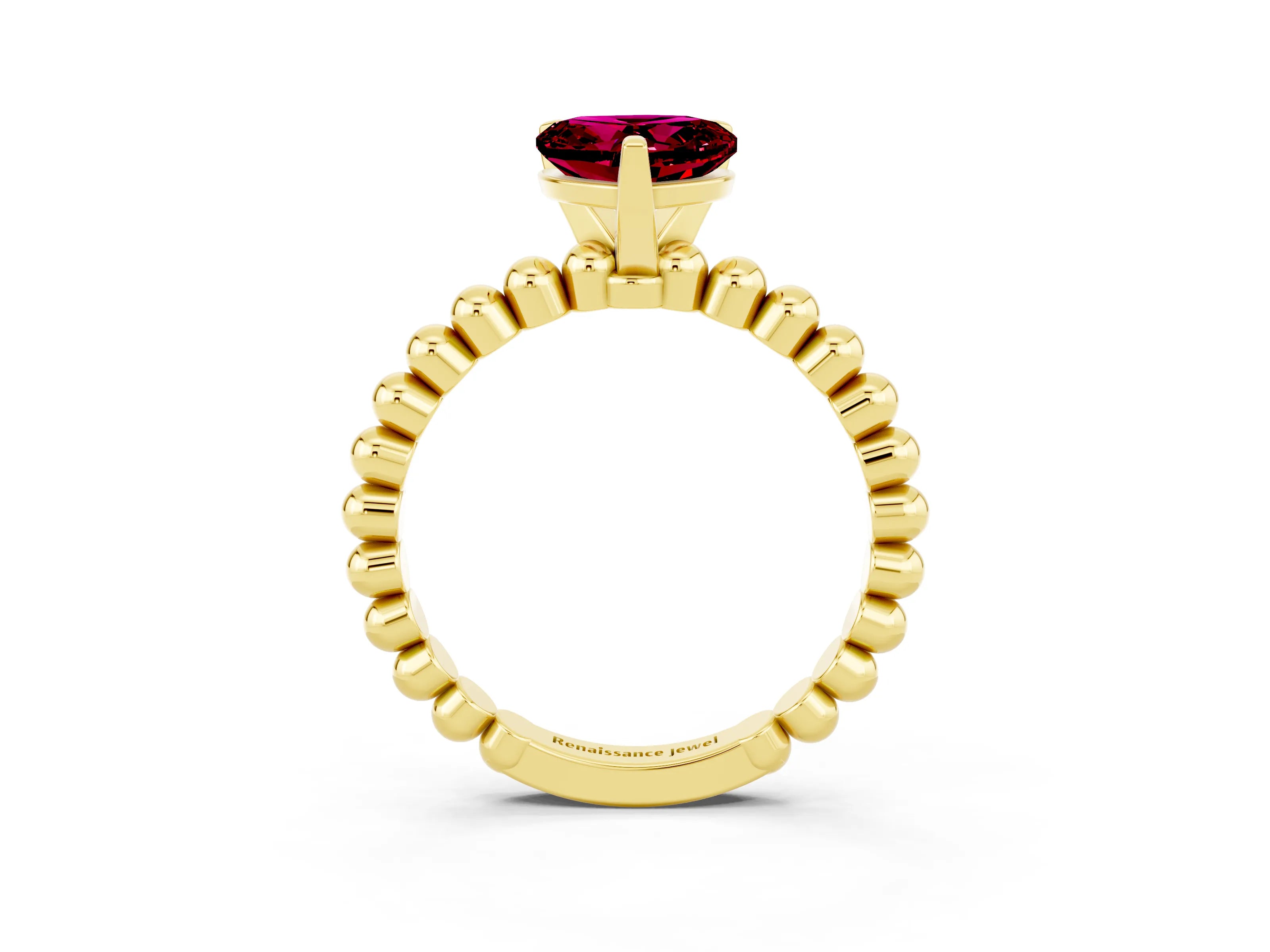 Yellow gold Heart Cut Garnet Solitaire Ring with Beaded Band and Prong Setting_3