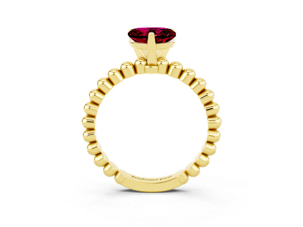 Yellow gold Heart Cut Garnet Solitaire Ring with Beaded Band and Prong Setting