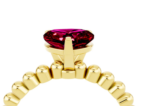 Yellow gold Heart Cut Garnet Solitaire Ring with Beaded Band and Prong Setting_4