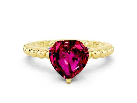 Yellow gold Heart Cut Garnet Solitaire Ring with Beaded Band and Prong Setting