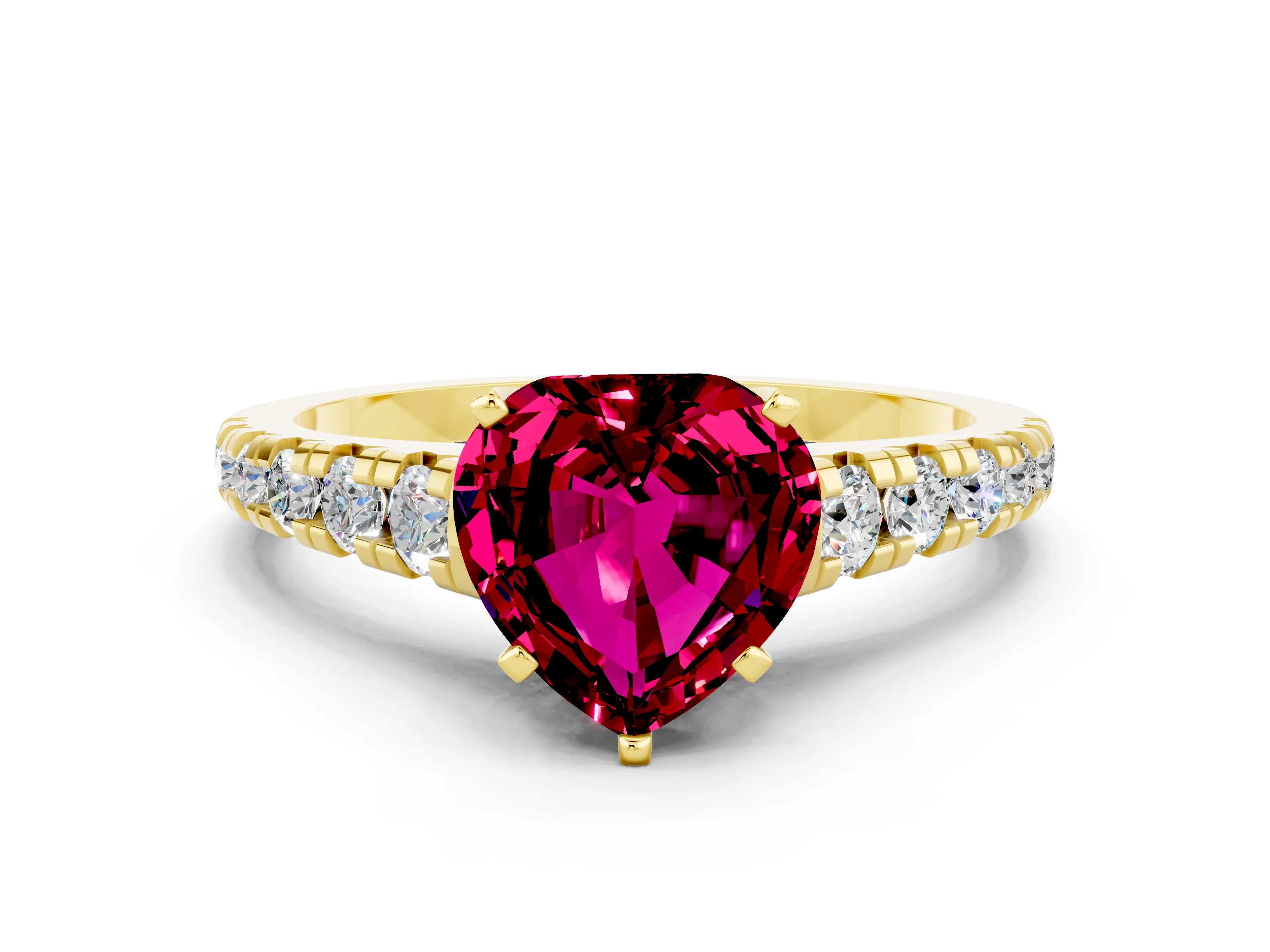 Yellow gold Heart Cut Garnet Solitaire Ring with Cathedral Setting and Pavé Band