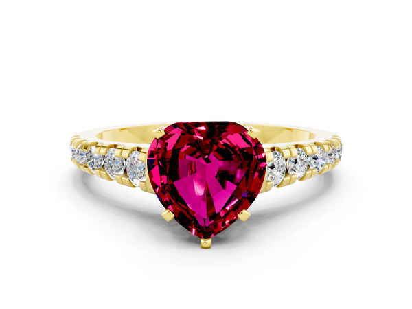 Yellow gold Heart Cut Garnet Cathedral Solitaire Ring with Round  Pavé Band