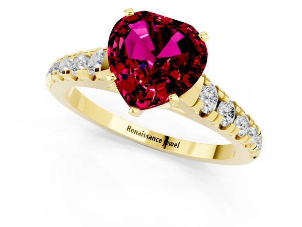 Yellow gold Heart Cut Garnet Cathedral Solitaire Ring with Round  Pavé Band