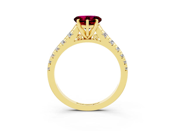 Yellow gold Heart Cut Garnet Cathedral Solitaire Ring with Round  Pavé Band
