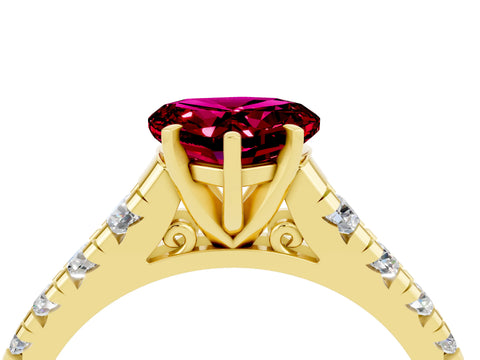 Yellow gold Heart Cut Garnet Solitaire Ring with Cathedral Setting and Pavé Band_4