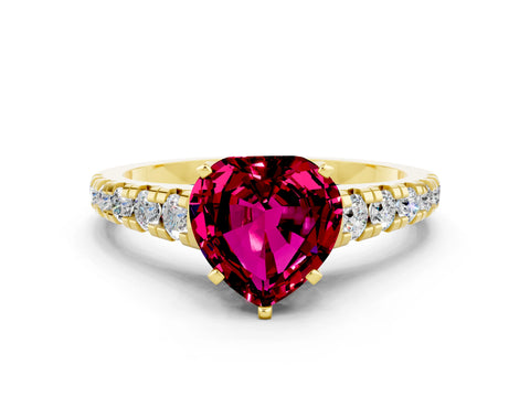 Yellow gold Heart Cut Garnet Solitaire Ring with Cathedral Setting and Pavé Band