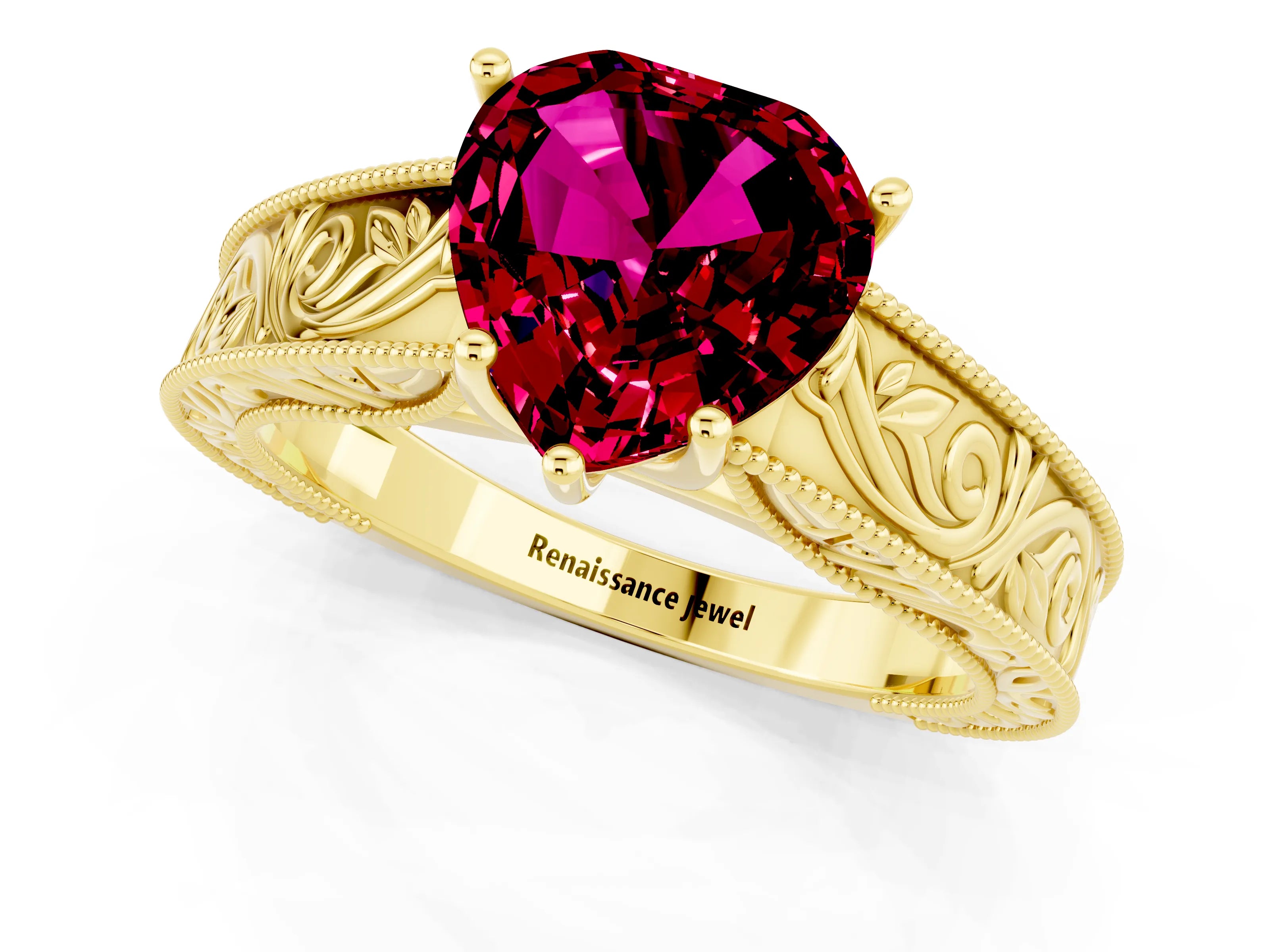 Yellow gold Heart Cut Garnet Solitaire Ring with Engraved Band and Four-Prong Setting_1