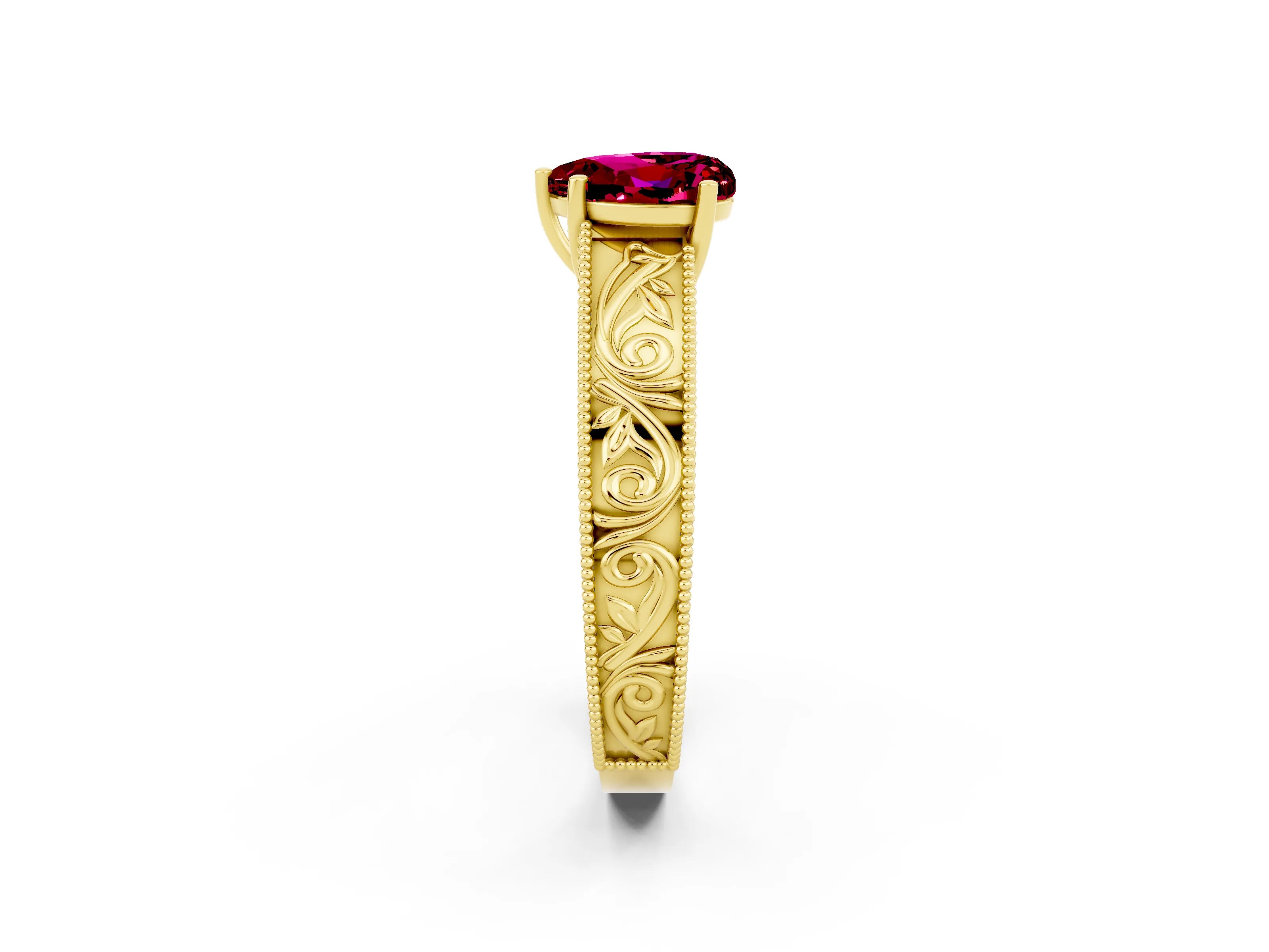 Yellow gold Heart Cut Garnet Solitaire Ring with Engraved Band and Four-Prong Setting_2