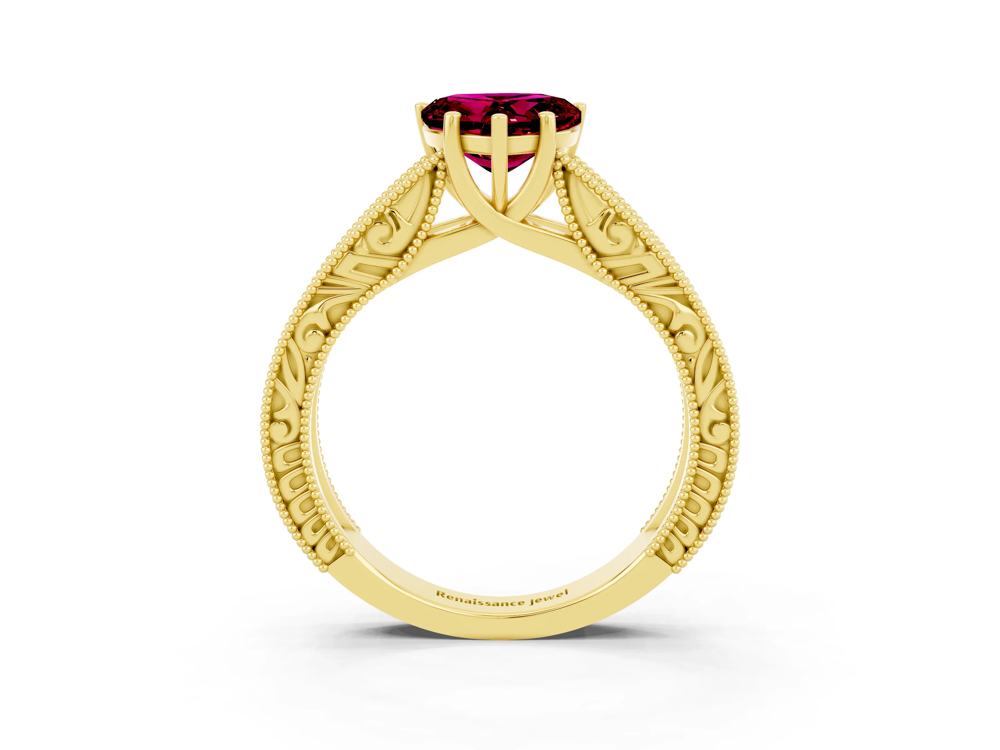 Yellow gold Heart Cut Garnet Solitaire Ring with Engraved Band and Four-Prong Setting_3