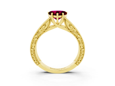 Yellow gold Heart Cut Garnet Solitaire Ring with Engraved Band and Four-Prong Setting_3
