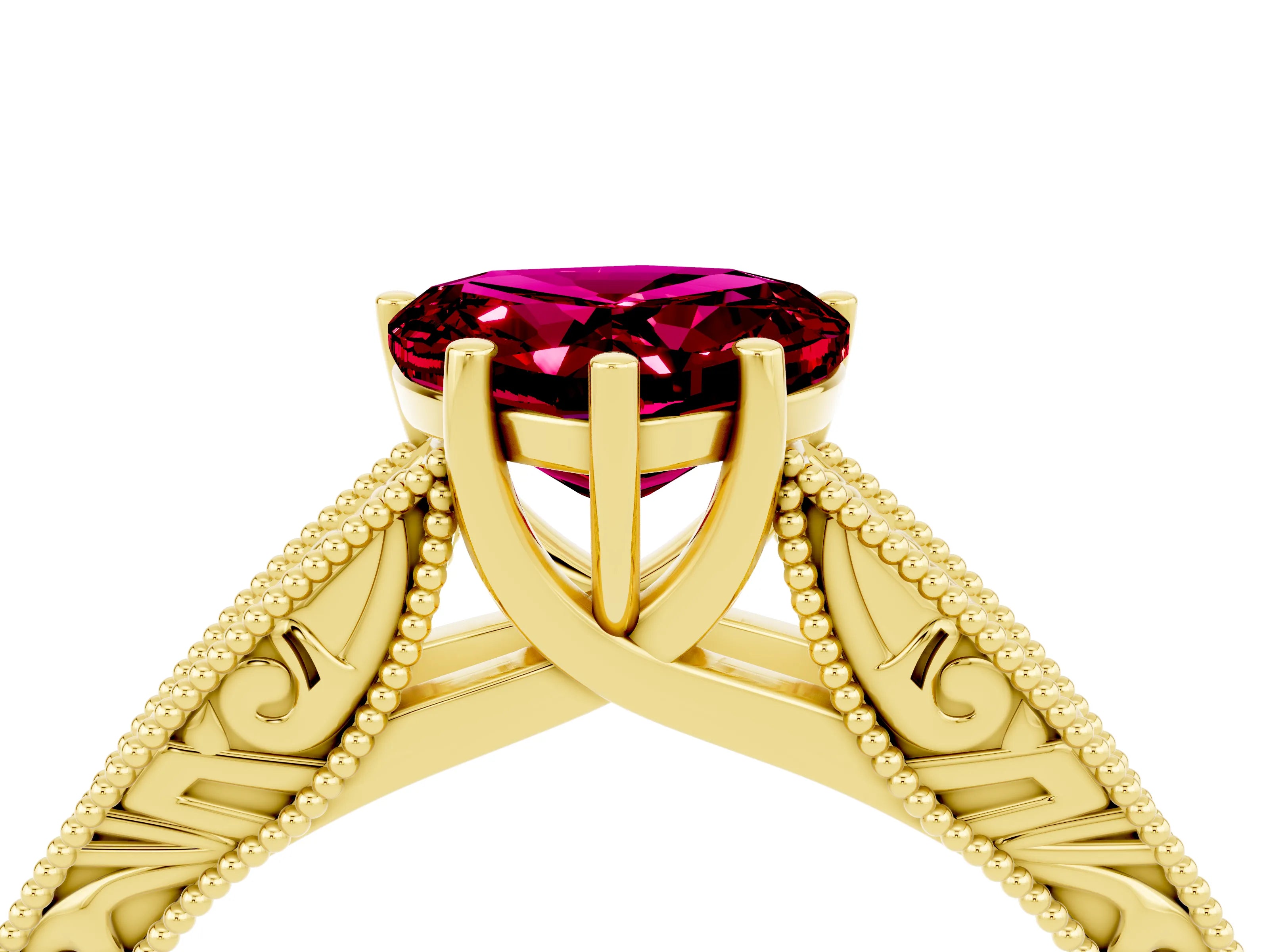 Yellow gold Heart Cut Garnet Solitaire Ring with Engraved Band and Four-Prong Setting_4