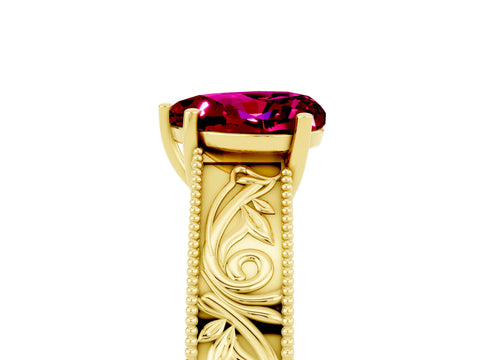 Yellow gold Heart Cut Garnet Solitaire Ring with Engraved Band and Four-Prong Setting_5