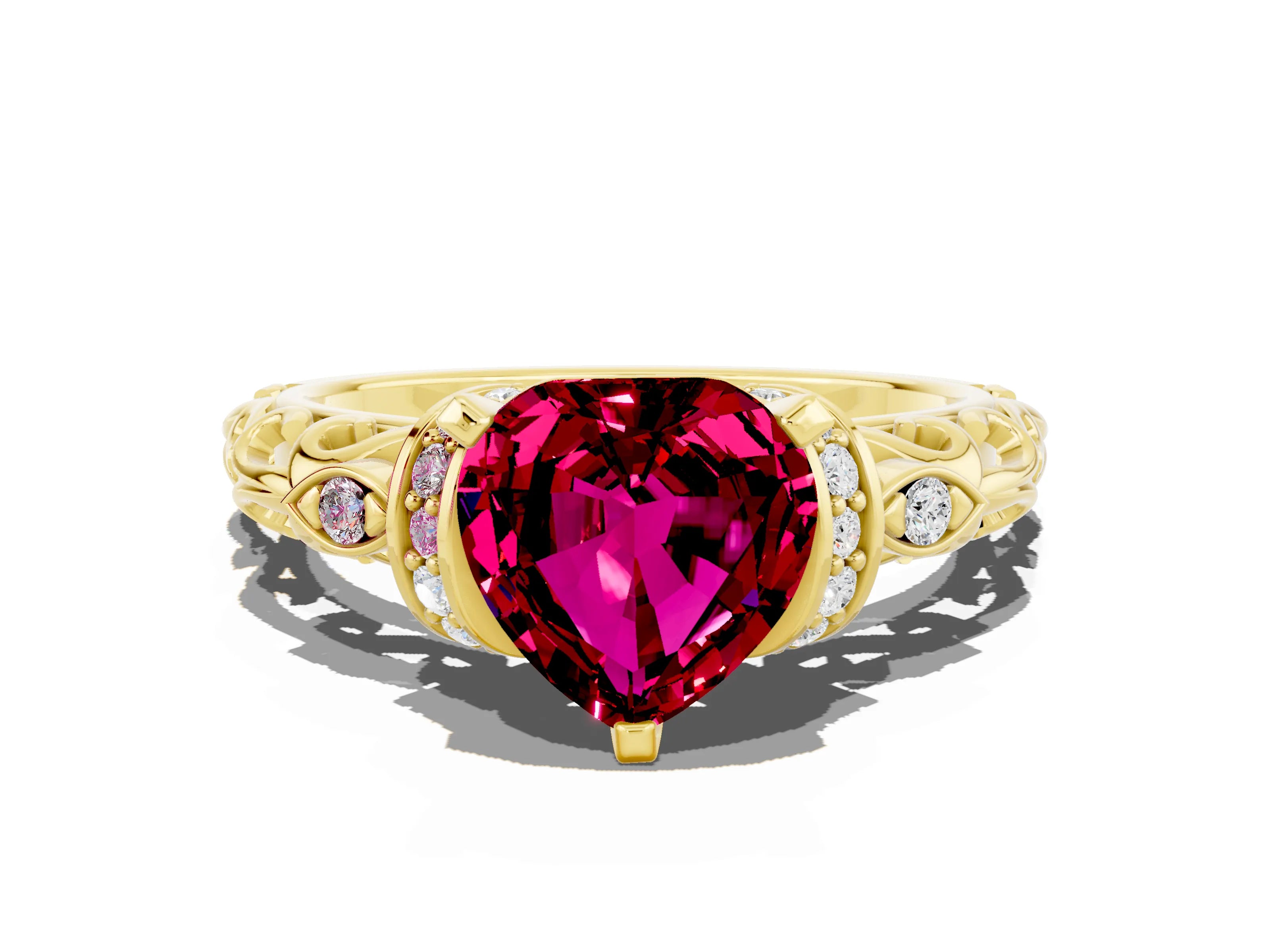 Yellow gold Heart Cut Garnet Solitaire Ring with Filigree Band and Four-Prong Setting_24