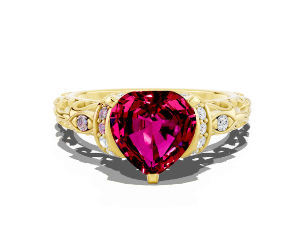Yellow gold Heart Cut Garnet Solitaire Ring with Filigree Band and Four-Prong Setting