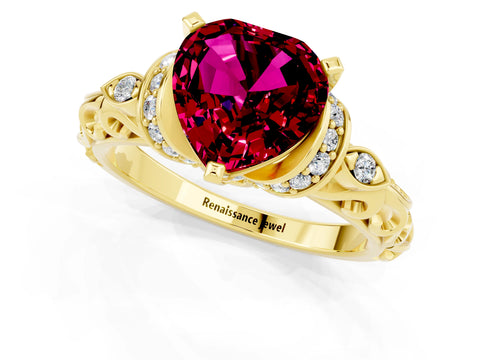 Yellow gold Heart Cut Garnet Solitaire Ring with Filigree Band and Four-Prong Setting_25