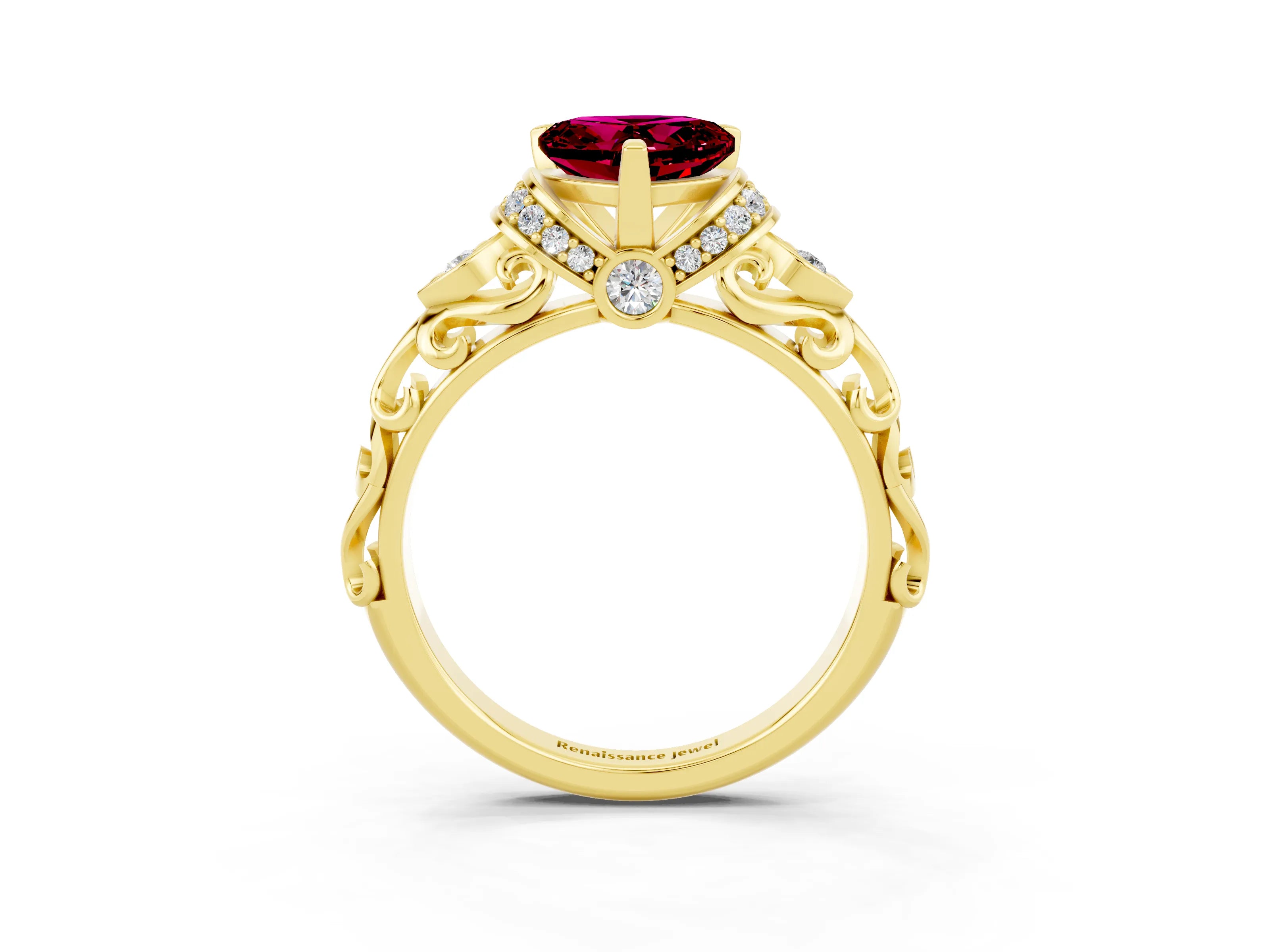 Yellow gold Heart Cut Garnet Solitaire Ring with Filigree Band and Four-Prong Setting_27